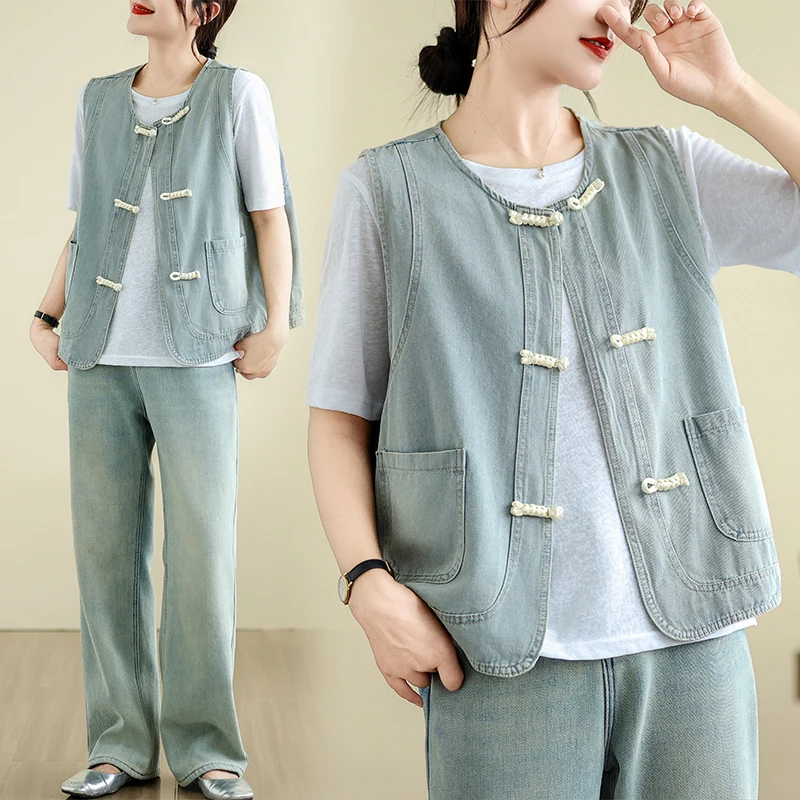 

plus Size Cotton Denim Vest Spring Summer Style Button up Sleeveless Women's Slimming Comfortable Fashionable round Neck Vest