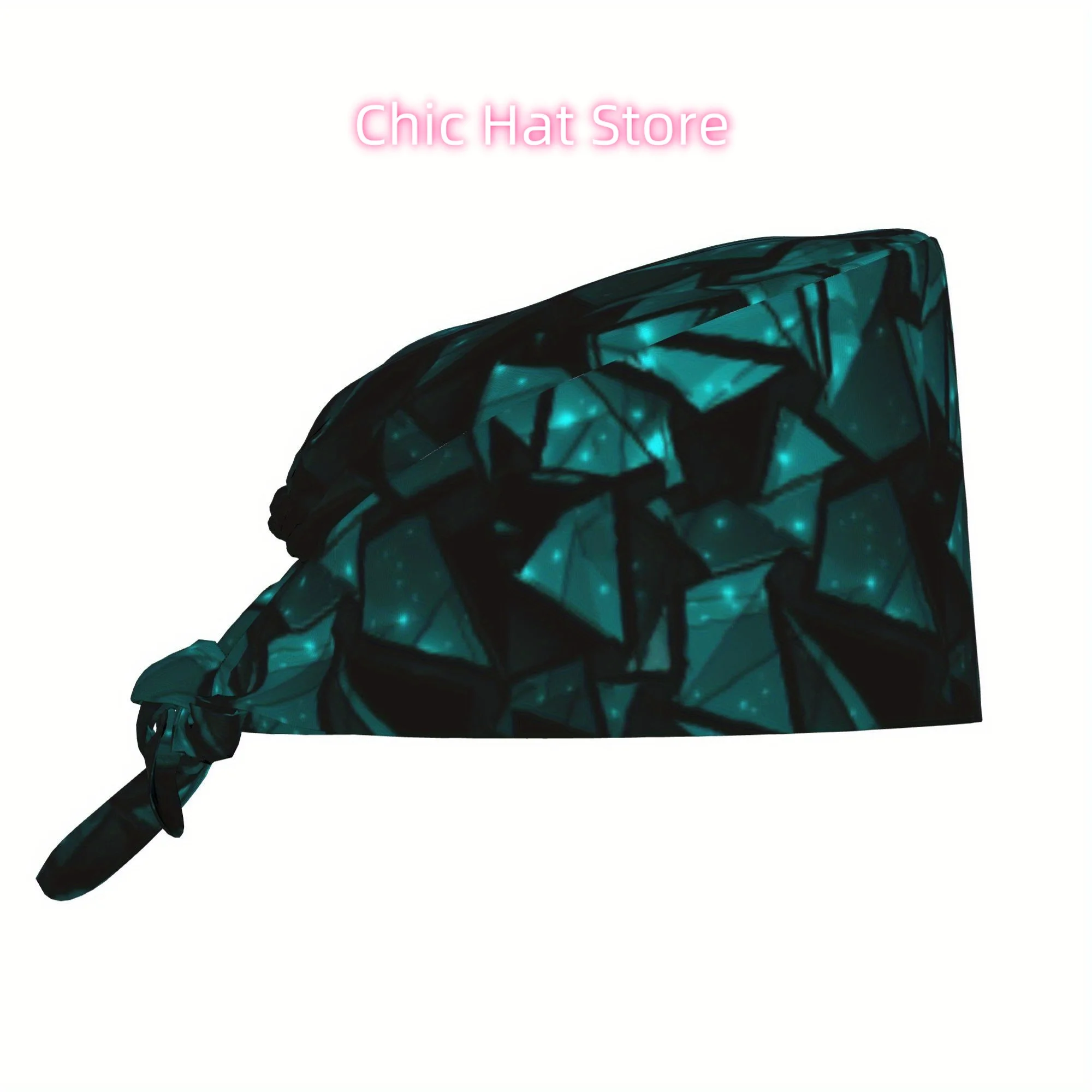 1pc Unisex Adjustable Work Cap with Teal Geometric Lattice Print - Lightweight, Dustproof, Tie-Back Design for Nurses, Chefs & C