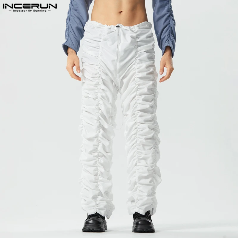 INCERUN Men Pants Solid Color Drawstring Joggers Loose Pleated Fashion Trousers Men Streetwear 2023 Casual Male Long Pants S-5XL