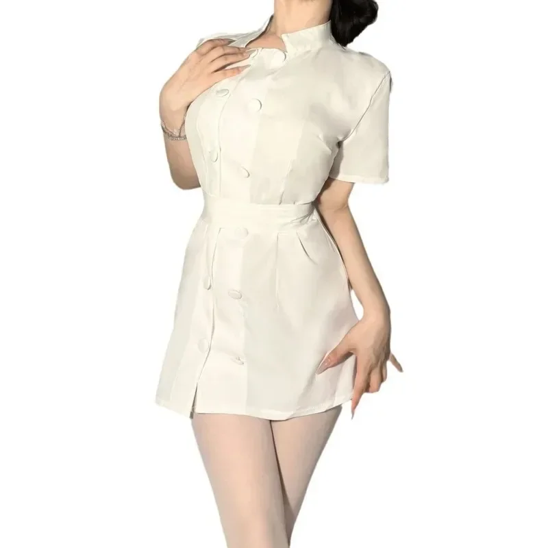 Sexy Pure Desire Nurse Doctor Cosplay Uniform White Angel Dress Button Short Sleevess Wrap Hip Dress Elegant Charming Fiery