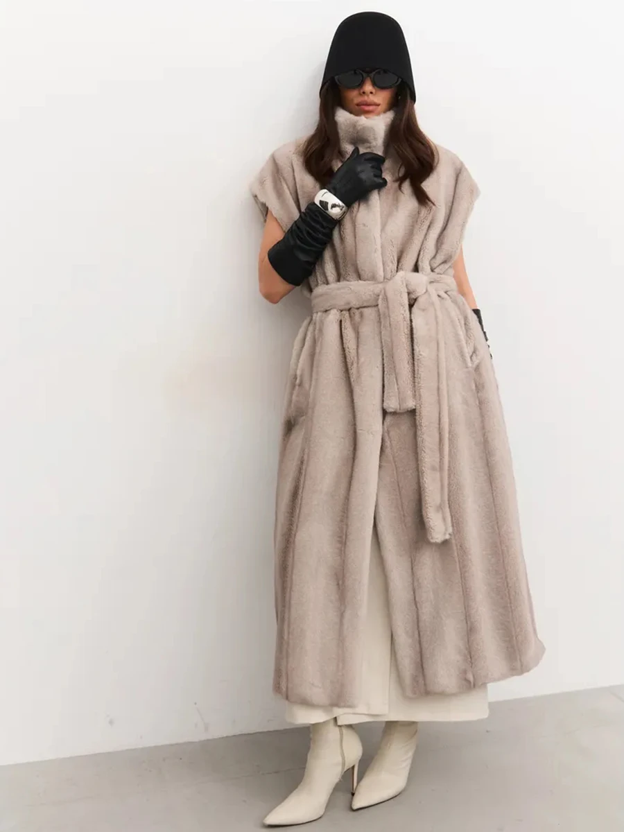 Women Winter Faux Fur Vest 2026 Warm Belted Long Plush Jacket Sleeveless High Collar Outerwear Elegant Coat