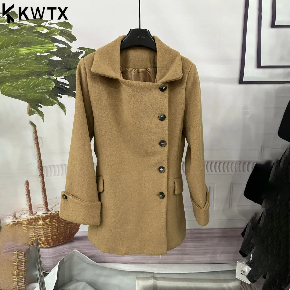 

KWTX 2025 Women's Wool Coat Fall Winter Solid Color Notched Lapel Single-Breasted Tailored Waist Chic Casual Premium Quality