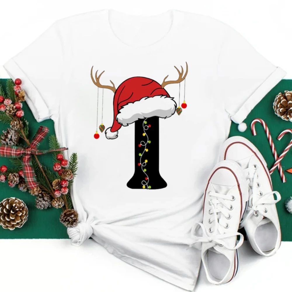 Cappello natalizio Lettere dalla A alla Z Maglietta oversize Attività di riunione di famiglia natalizia Camicia a maniche corte Moda streetwear oversize