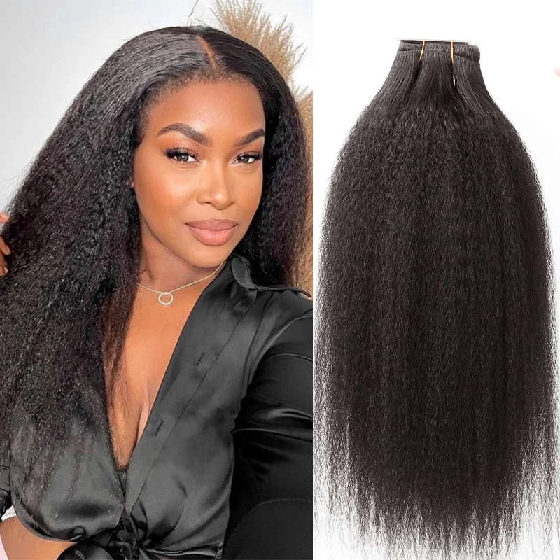 MRS HAIR Kinky Straight Human Hair Bundles Yaki Straight Bundles Remy Weft Bouncy Fluffy Natural Black #1B 12-26inch 100g/Bundle