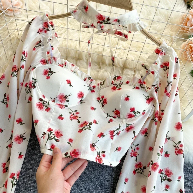 2024 Retro Puff Long Sleeve lace up Bareback Blouse Slim Sexy ruffle Shirt Women Gothic Streetwear Pleated Fashion Crop Top