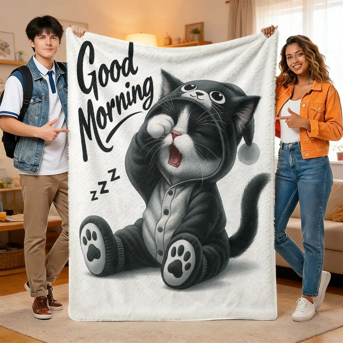 Cute Cat Good Morning Throw Blanket Fleece Plush Sofa Cozy Throw for Living Room Home Decor Gift Pet Lover Winter Warm Bed