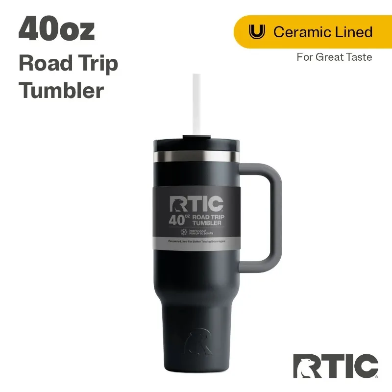 

RTIC 40 oz Ceramic Lined Road Trip Tumbler, Leak-Resistant Lid with Straw, Black