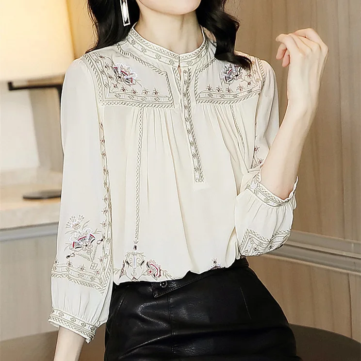 

Women's Long Sve Lantern Sve Printed Chiffon irt Stand Collar Apricot Top New 2026 Faion Retro Commute Sle Button...