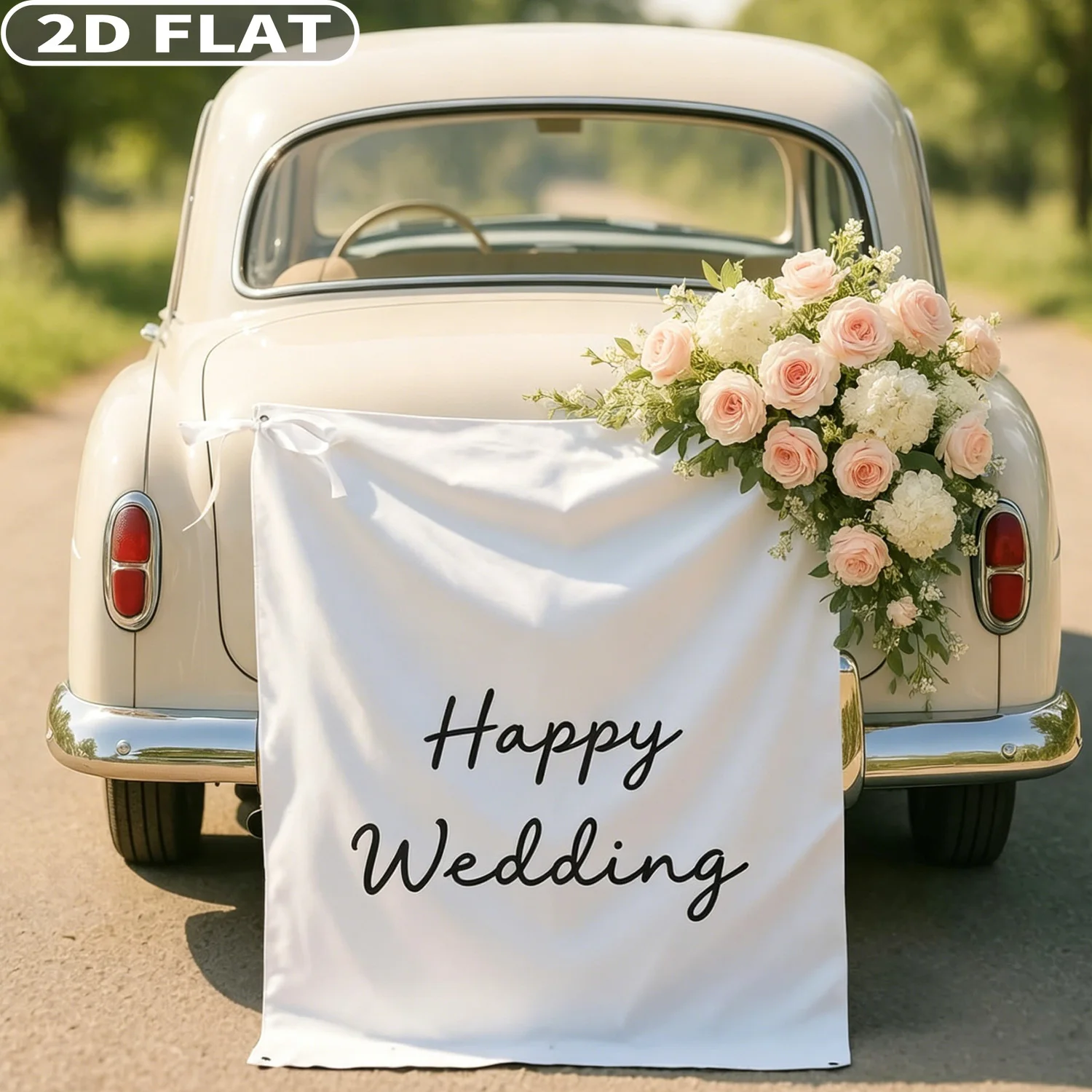 2D FLAT 1pc Custom Polyester Banner, with 4 Holes and Ribbons, Easy to Hanging for Wedding Party Car Vehicle Photo Booth Decor