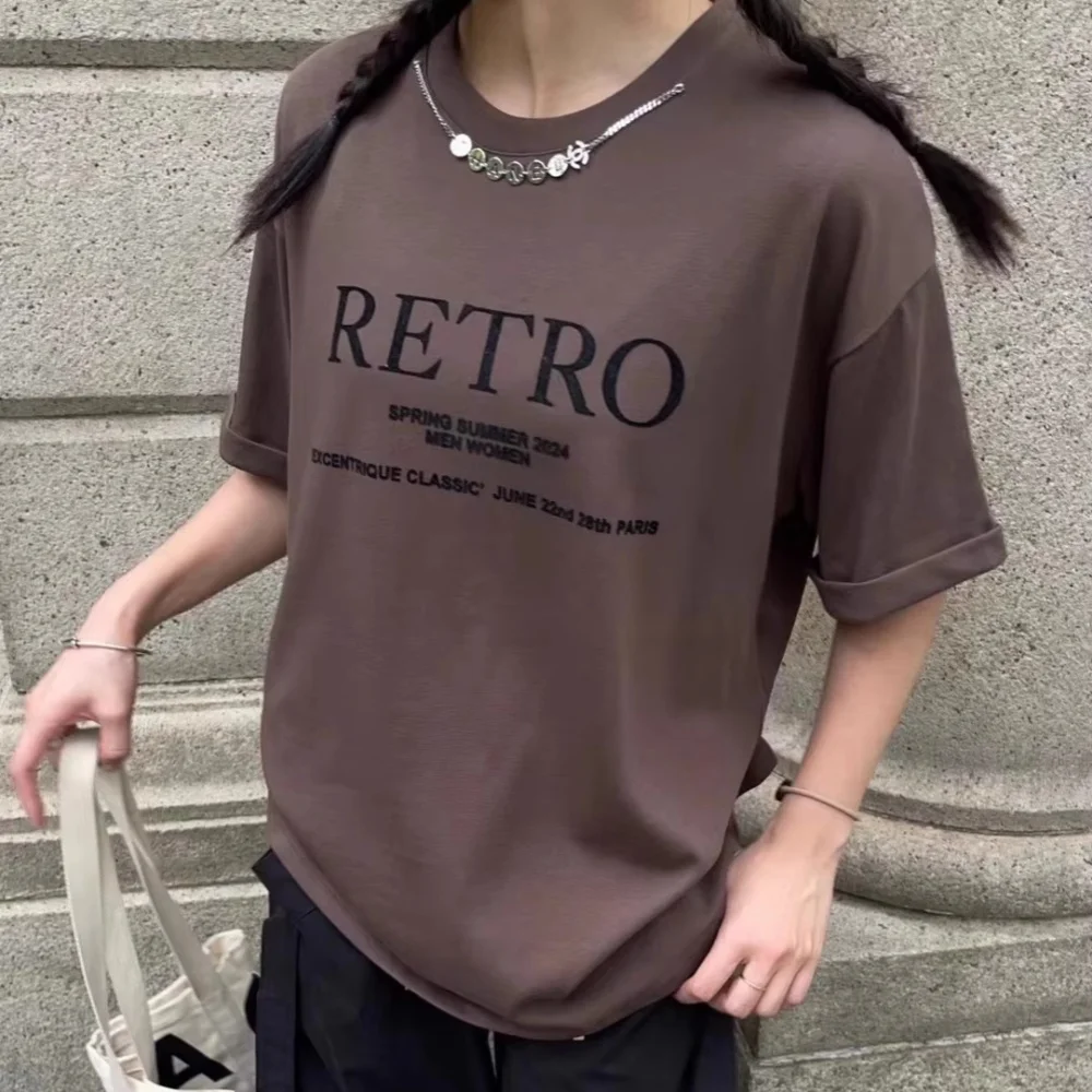 Letter Print Short Sleeve Round Neck Letter Necklace Chain T-Shirt Tops New Y2k Clothes 2024 Summer Hot Selling Women'S Clothing