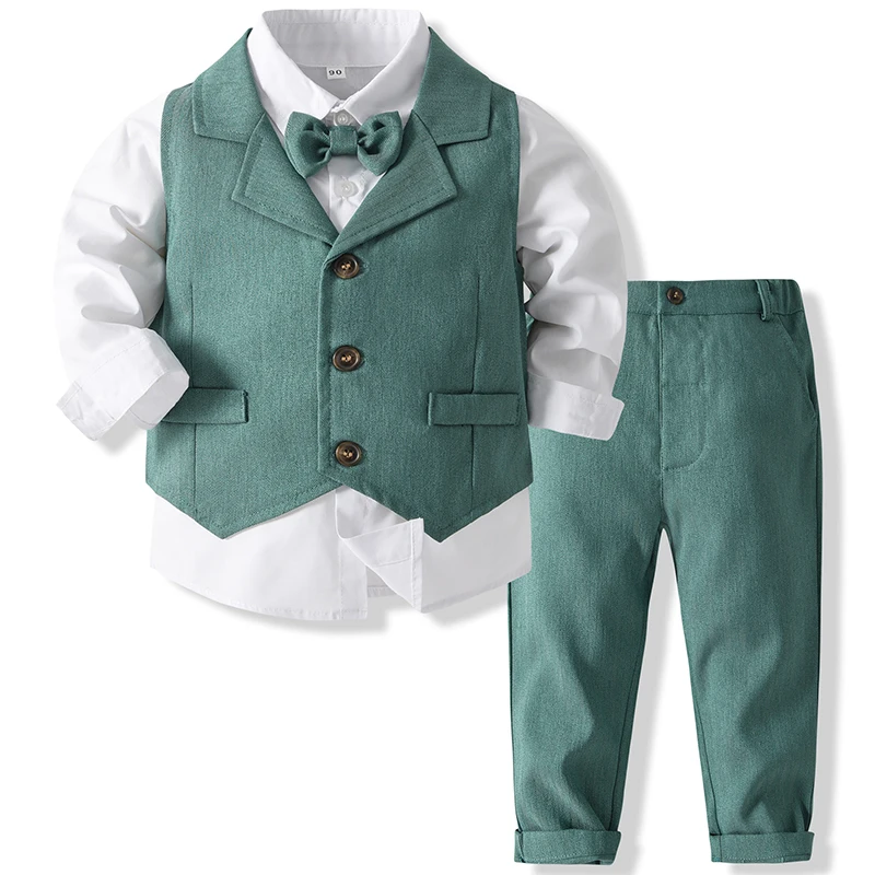 4Piece Spring Fall Kids Clothes Toddler Boys Outfit Set Korean Fashion Gentleman Tops+Vest+Pants+Tie Baby Luxury Clothing BC1758