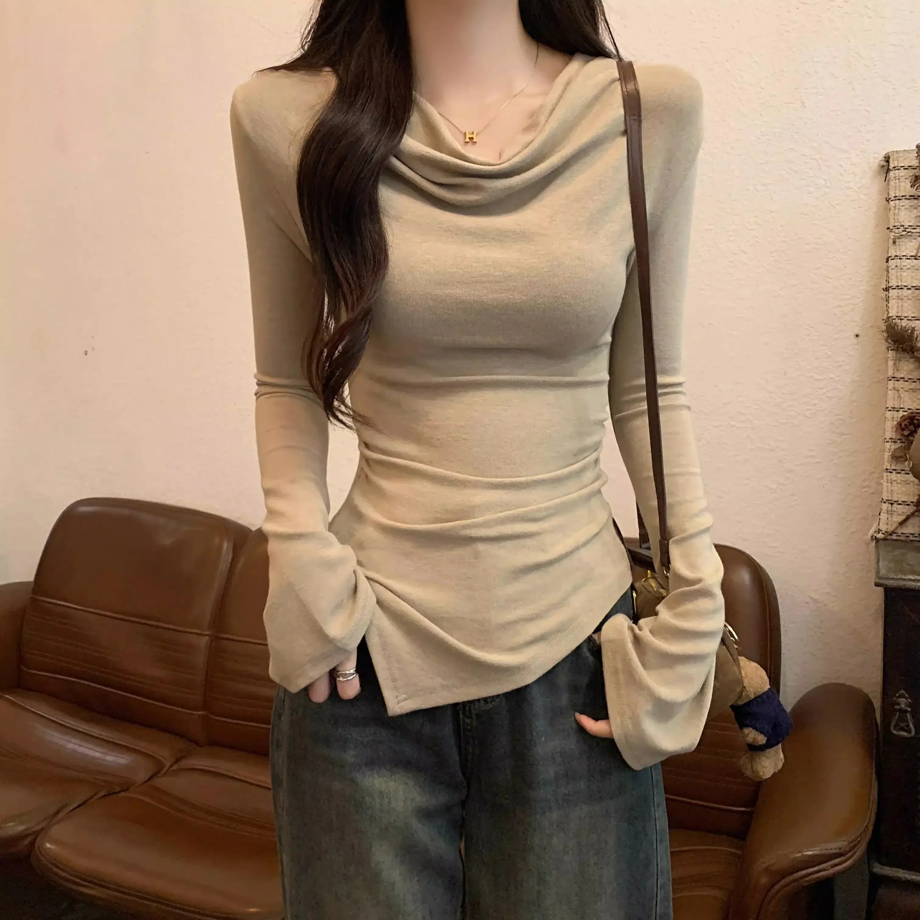 Fashion Irregular Women T-shirt spring autumn long Sleeve slash-Neck casual Solid Slim t shirt Ladies y2k Top Clothes Streetwear