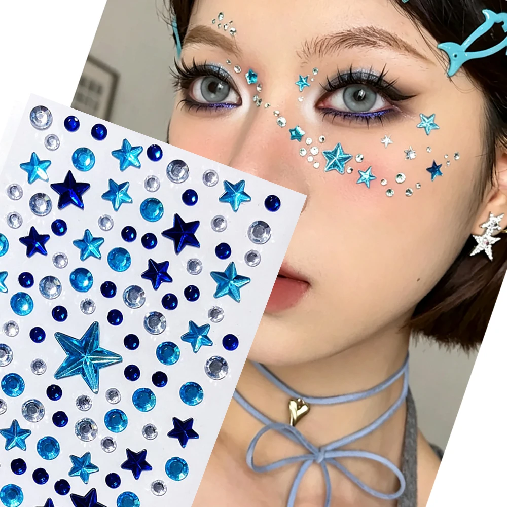 3D Blue Glitter Star Face Stickers Y2K Punk Style Crystal Star Gem Jewels Stickers for Eye Body Makeup Decorat Temporary Tattoos