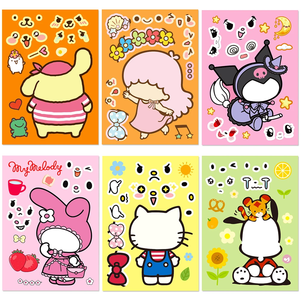 6/12sheets Kawaii Sanrio Cartoon Stickers Make A Face Cute Anime Puzzle Sticker Kids Party Decor Assemble Jigsaw Educational Toy