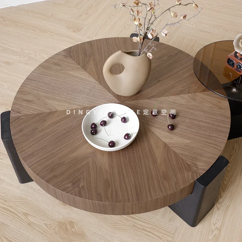 Medieval style round coffee table household combination retro coffee table small apartment spade wood grain tea table