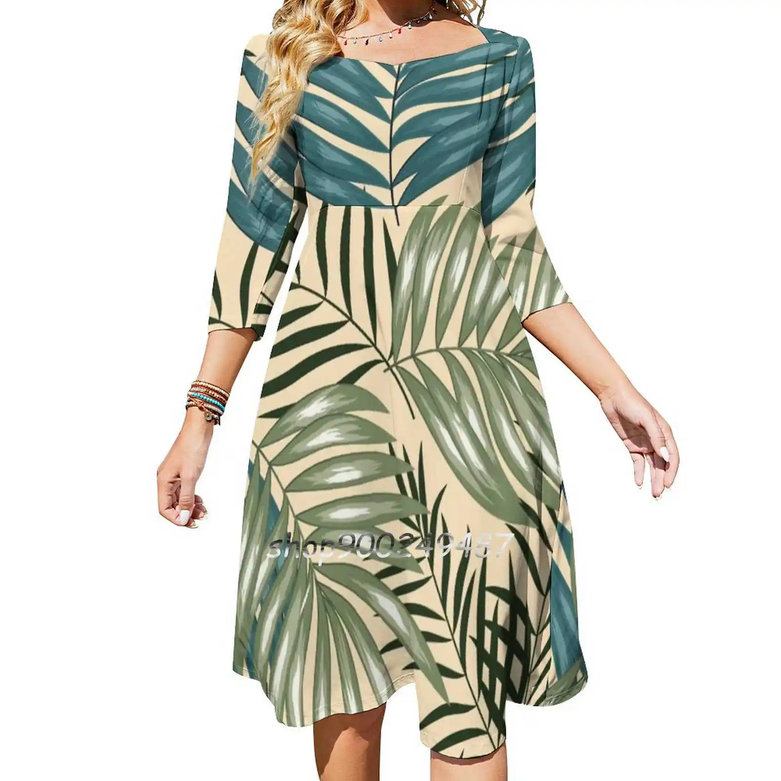 

Tropical Palm Leaf Seamless Pattern , Sea Sand , Cream , Flare Dress Square Neck Dress Elegant Female Fashion Printed Dress