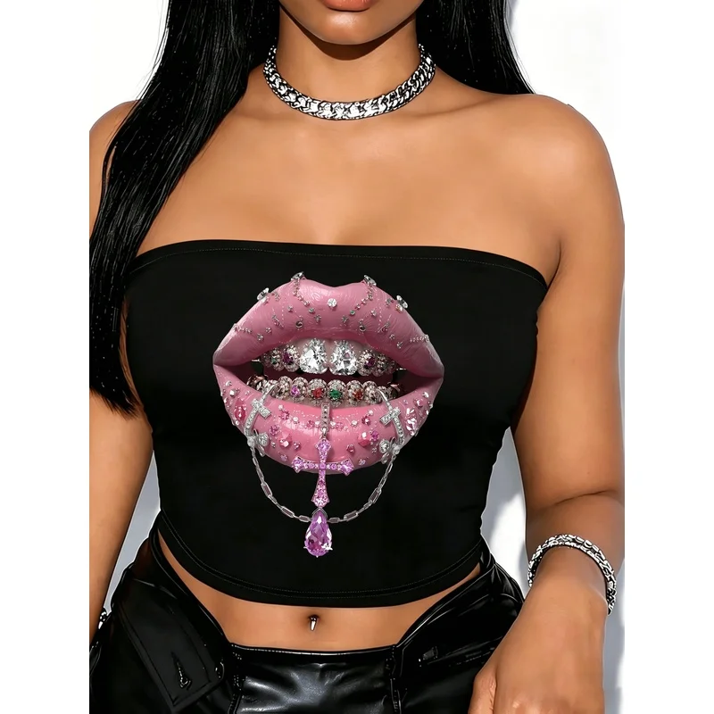 Pink Lips Diamond Grillz Cross Gem Chain Print Tube Top Women Y2K Hip Hop Strapless Cropped Bandeau Top