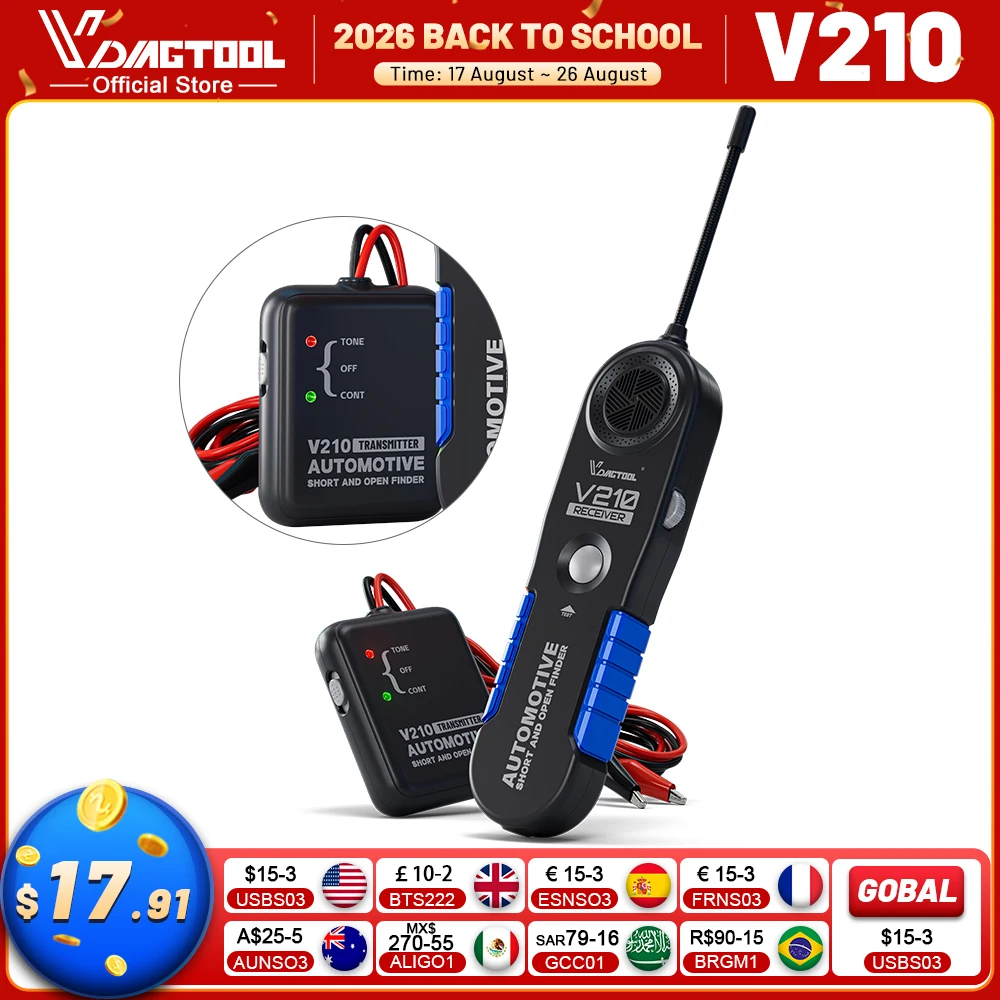 VDIAGTOOL V210 Localizador de Disjuntores Automotivos Testador Elétrico Rastreador de Fios Localizador de Circuito Aberto e Curto DC 6-42V