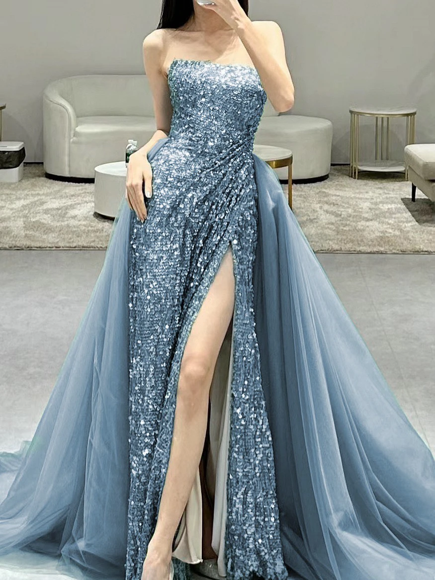 Starry Sequins Celebrity Dress Strapless Mermaid Detachable Train Boat Neck Side Split Pleated Woman Party Graduation Prom Gowns