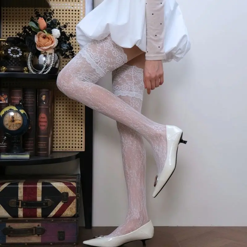 

Y2k New Women Flower Lace Fishnet Thigh High Stockings Japanese Style JK Girl Sweet Lace Trim Frilly Over Knee Long Socks