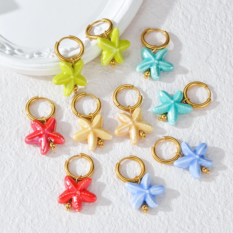 Letdiffery Fashion Colorful Ceramic Star Stud Earring for Women Stainless Steel Cute Starfish Colored Charm Drop Earring Jewelry