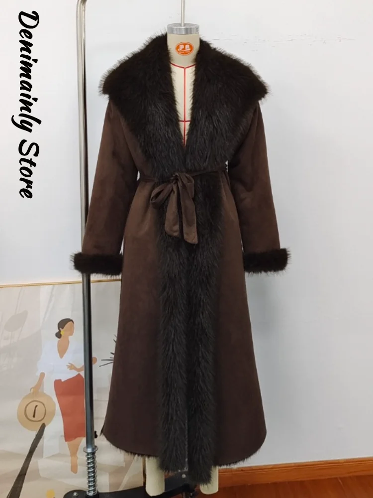 ファッションラグジュアリーフェイクファー付きロングトレンチコート レディース ベルト付き ラペル ストリート 暖かいオーバーコート 2025年冬 レディース 無地アウター 新作