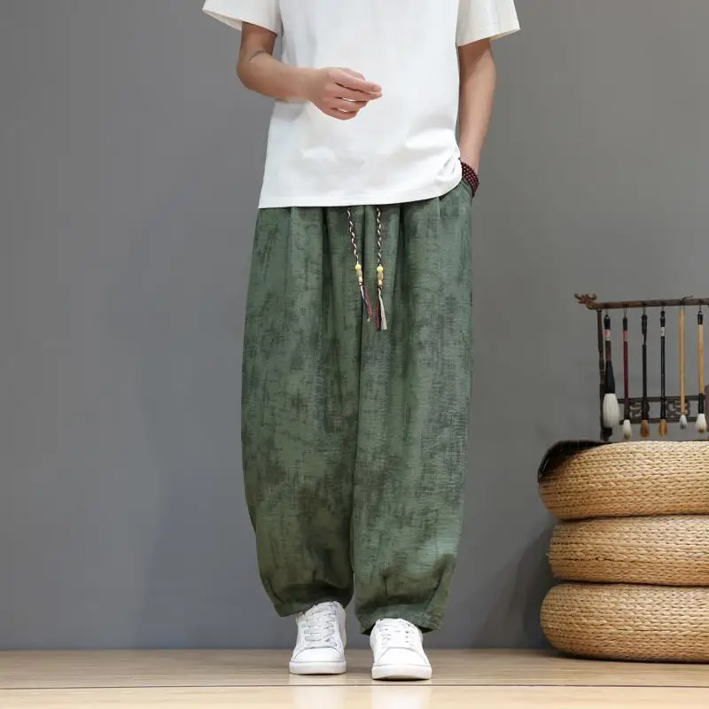 Men's Chinese Style Lantern Pants Summer Lightweight Breathable Tie-dye Wide Leg Loose Casual Harem Trousers Elastic Waist Pants