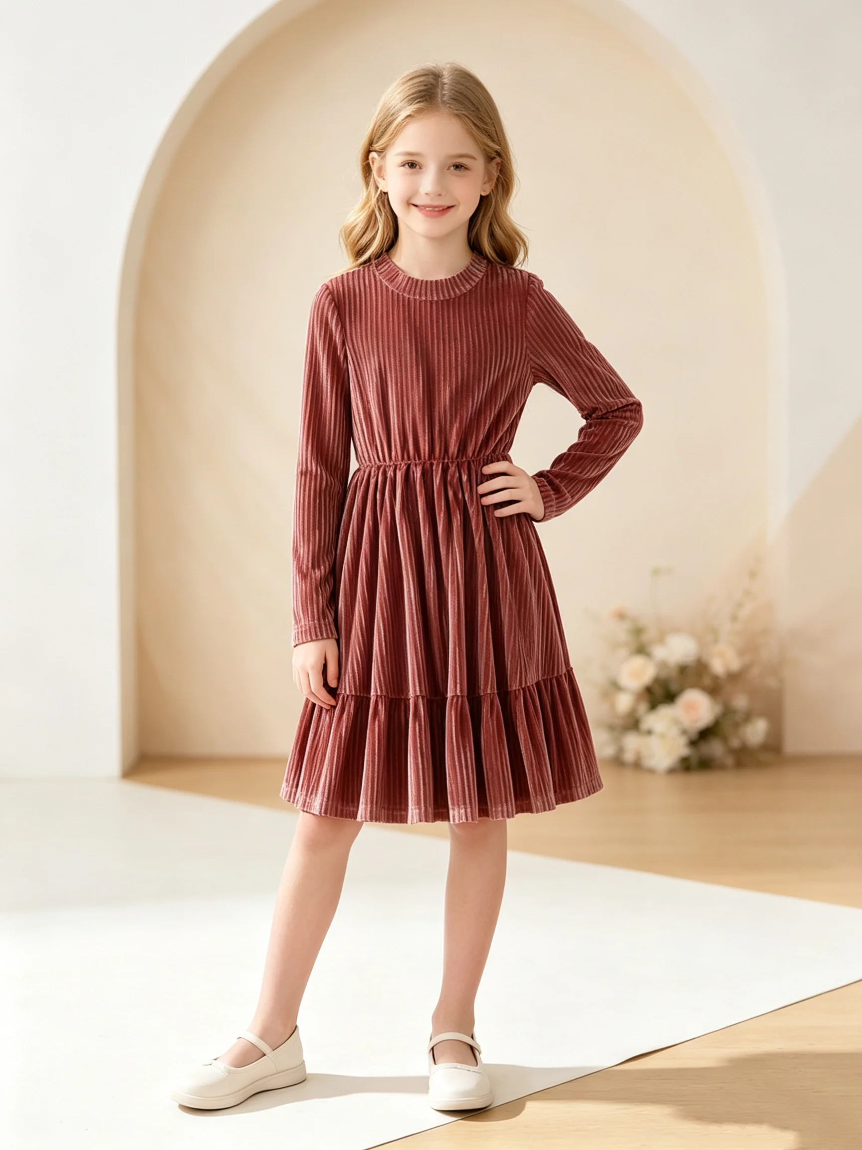 Elegant Chestnut Long-Sleeved Girls' Dress Ribbed Texture Ruffle Hem Suitable for Daily Travel