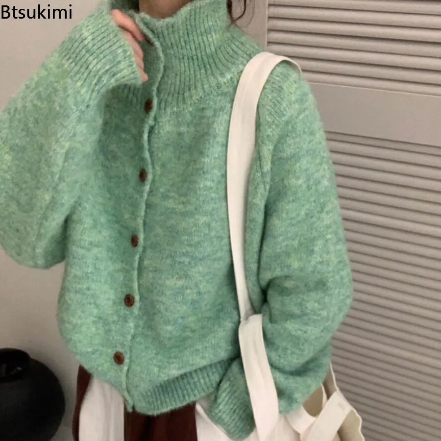 

New Casual Half High Collar Cardigan Women Korean Vintage Long Sleeve Knitted Sweater 2025 Autumn Single Breasted Loose Coat