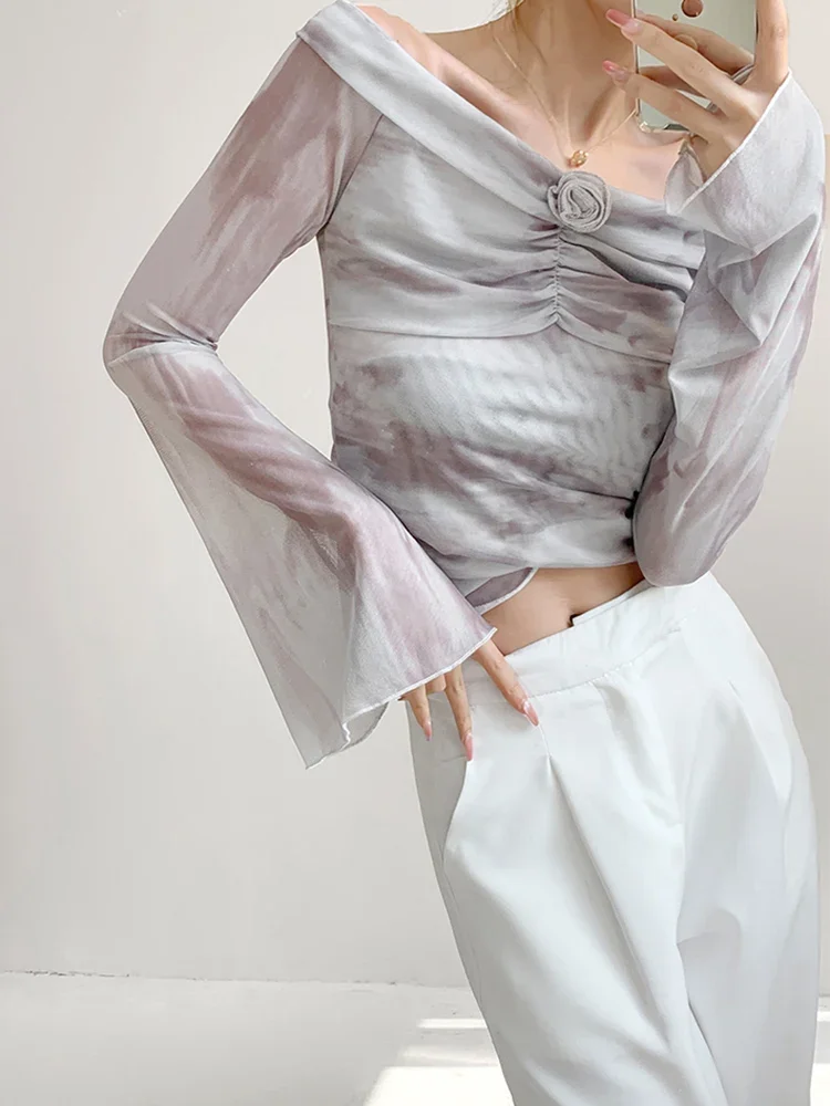 Korean Casual Sweet Slim Design Tees New Sexy Mesh Rose T Shirt Women Elegant Slash Neck Tie Dye Flare Sleeve Cropped Tops