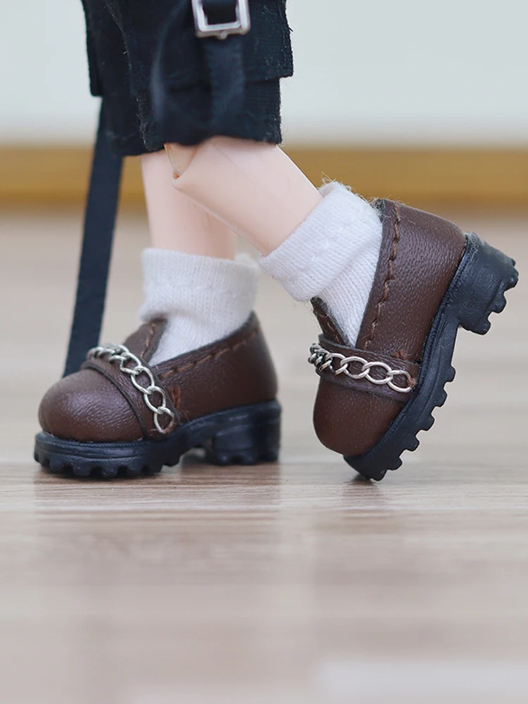 D05-P065 children handmade toy 1:12 ob11 gsc bjd pd9 doll shoes black brown white Chain thick soled leather shoes 1pair