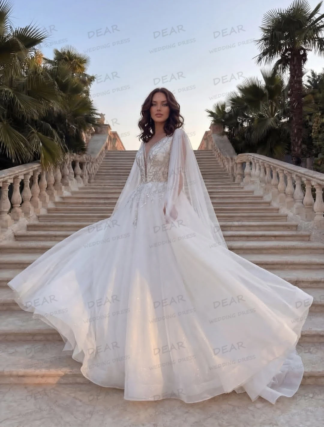Elegant Sexy Wedding Dresses Women's Lace Sleeveless A Line Bridal Gowns Appliques Tulle Shawl Vestidos De Novia Customized Gala