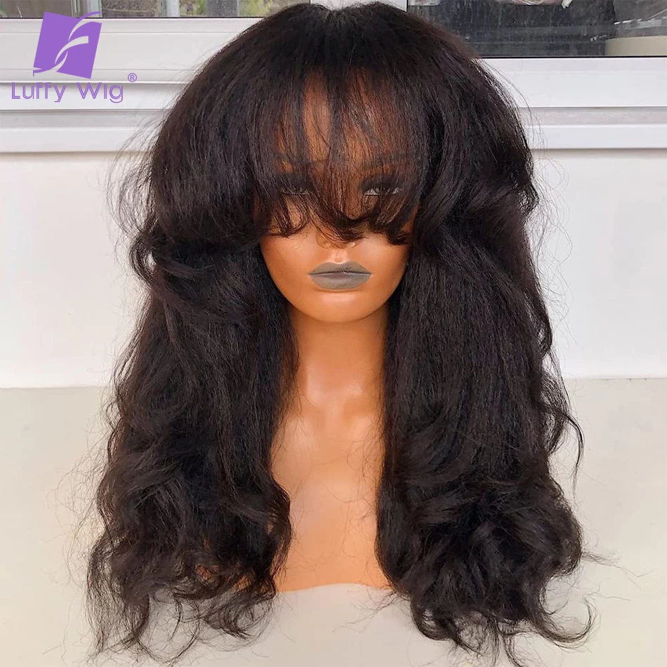 Kinky Yaki Wave Perruque de cheveux humains avec frange pour femme, cheveux brésiliens Remy, dentelle de cerise, haut du cuir chevelu, perruque fabriquée à la machine, densité 200