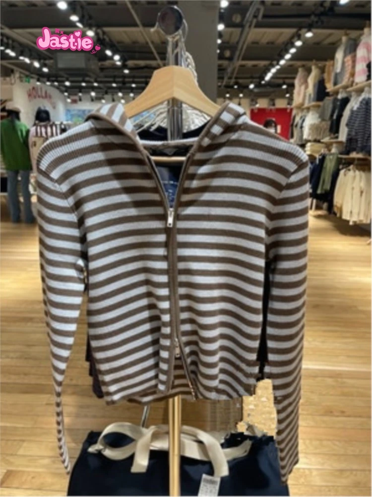 Vintage Striped Knit Hooded Cardigan Women Autumn Y2k Streetwear Long Sleeve Zipper Sweater Female Harajuku Sweet Slim Tops 2022