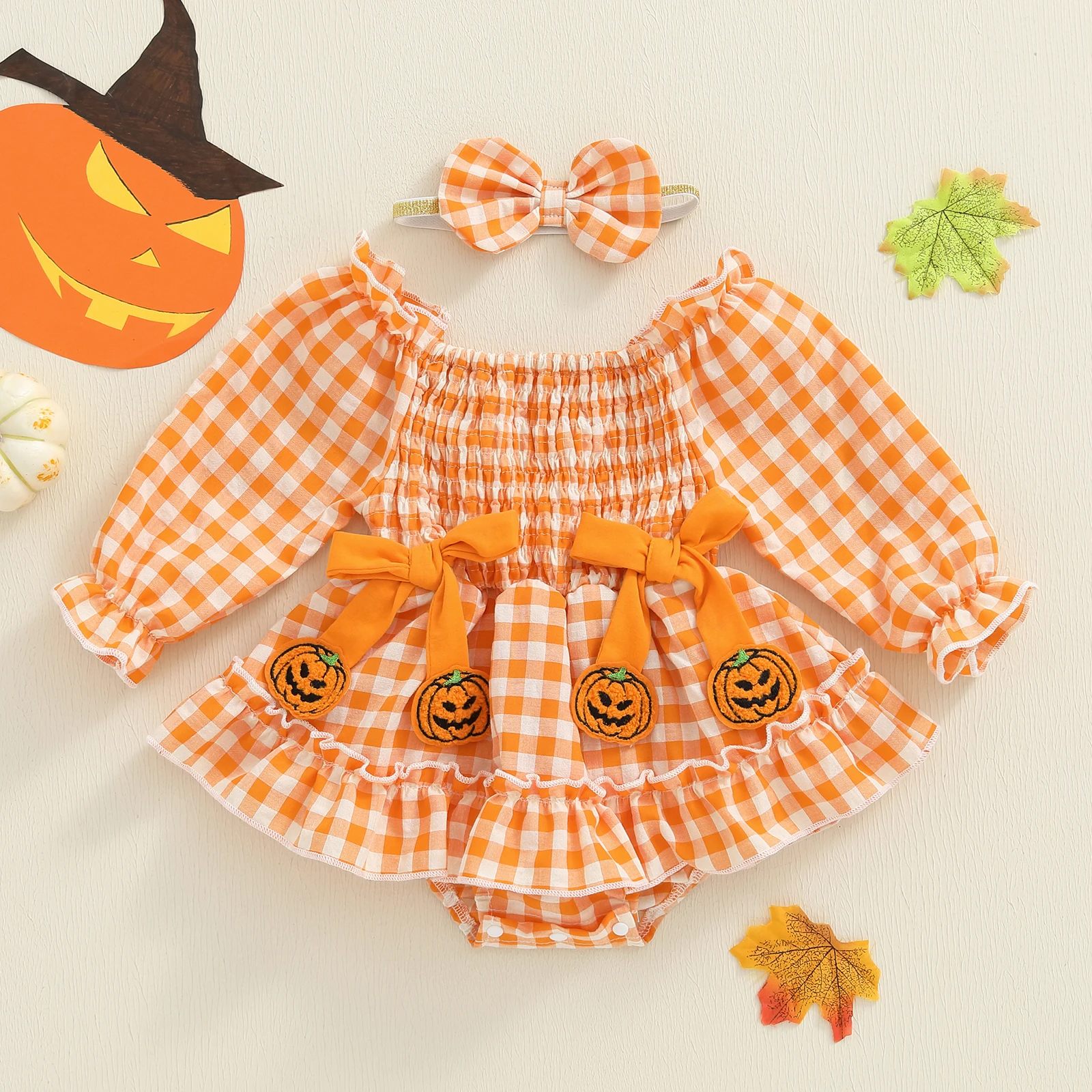Halloween-Stramplerkleid für Babys und Mädchen mit Schleife und Stirnband, langärmelig, karierter Druck, elastischer Ausschnitt – Detail 5