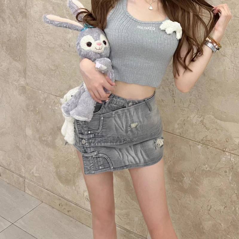 Pant-like Denim Skirt with Irregular Holes in Design; Sexy Spice Girl Dress in Spring and Summer of 2025