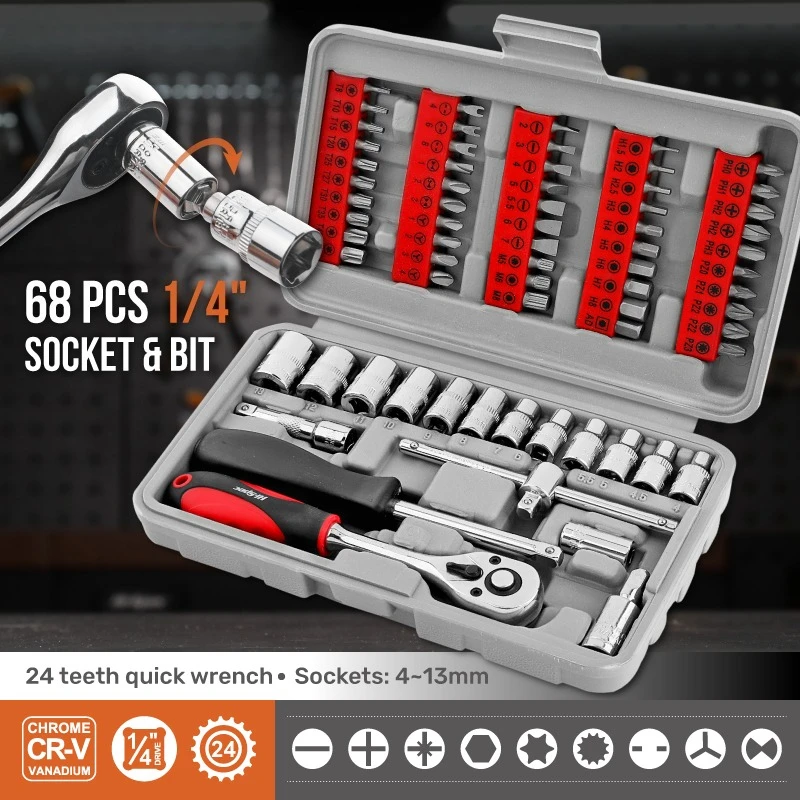 

68-Piece 1/4-inch Socket Wrench Set Hand Tool Sets Car Repair Tool Kit Mechanical Tools Box Socket Ratchet Screwdriver Bits