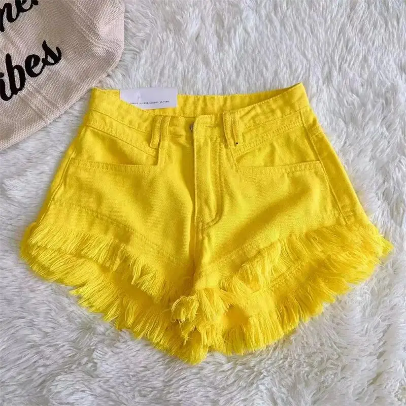 Short en jean taille haute avec pompon pour femme, jean coréen, trous déchirés, 4 couleurs, été, nouveau, 2024