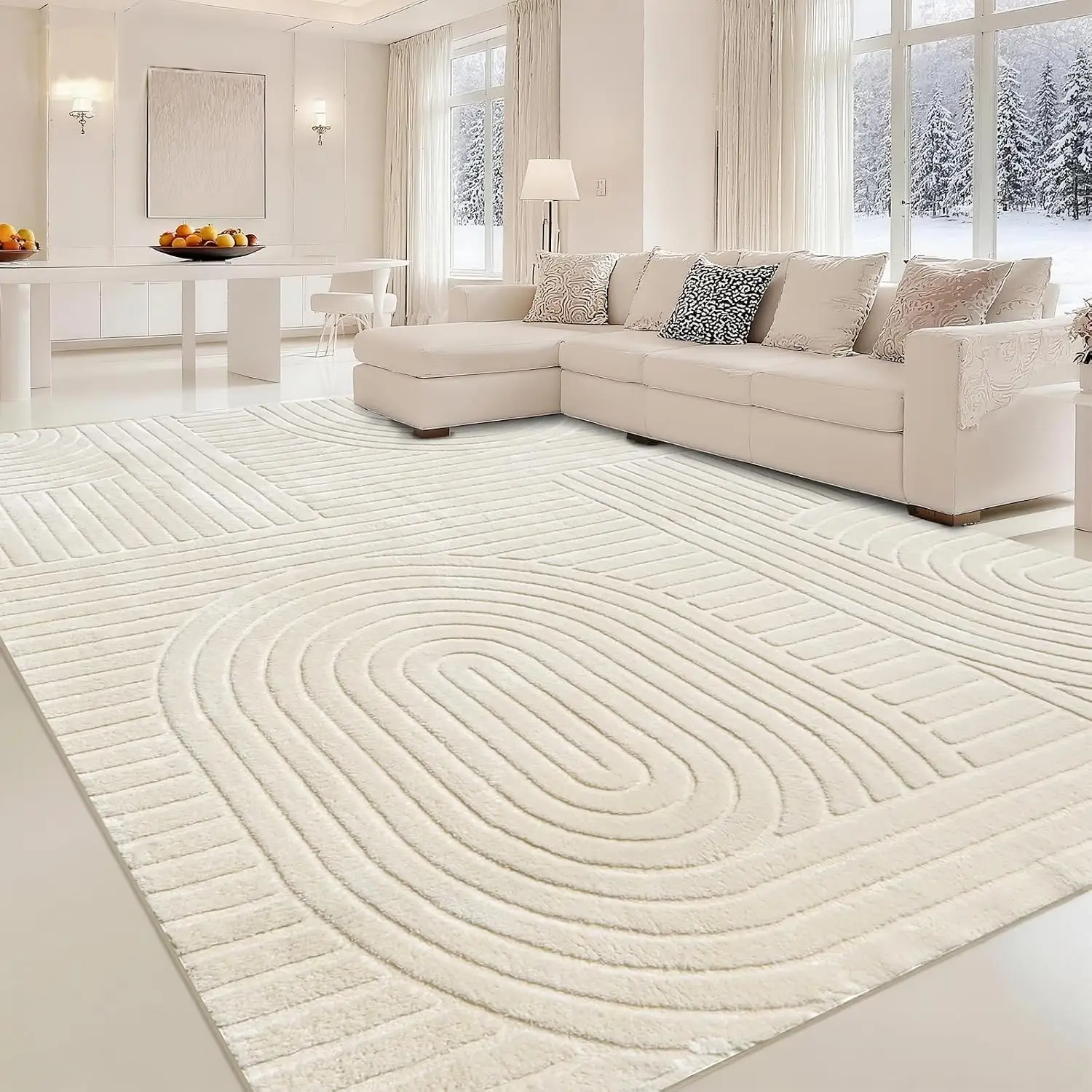 Indoor Washable Area Rug 8x10, Modern Geometric Bohemian Pattern Soft Large Floor Carpet, High Low Pile Textured Indoor Area Rug For Living Room Bedroom House Apartment Home Office, Beige