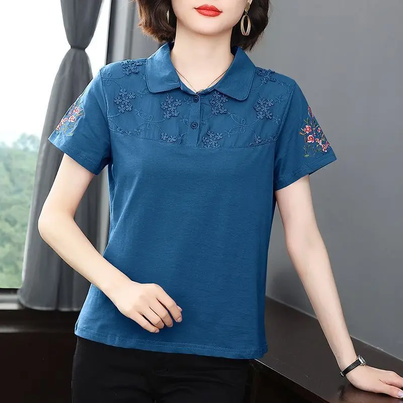 Simplicity Office Lady Summer New Women's POLO Collar Solid Embroidered Button Fashion Casual Loose Short Sleeve T-Shirts Tops