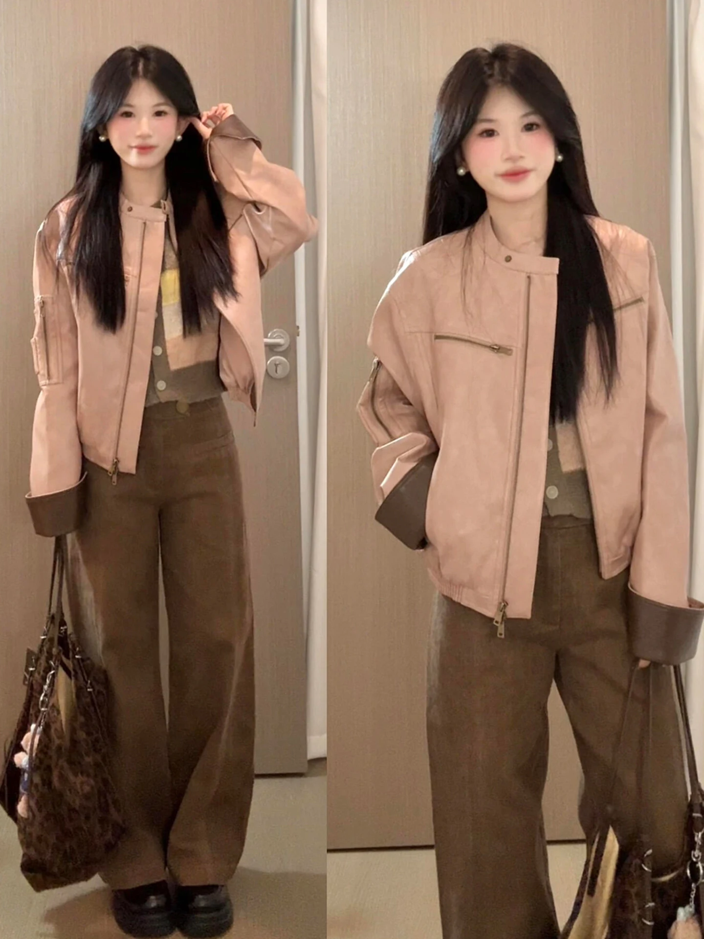 

Sweet And Cool Large Size Leather Jaet Top And Wide Leg Pants Tee Piece Set for Women Autumn Winter Faion Ensemble