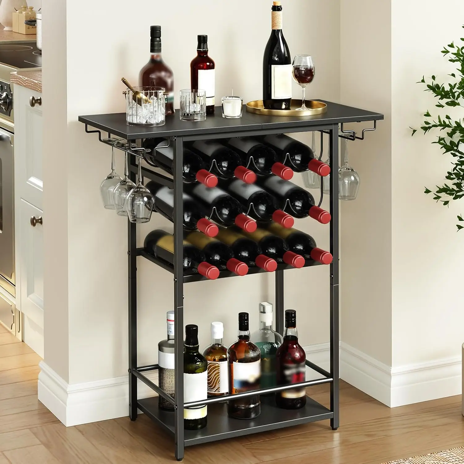 

5-ярусная винная полка с держателем для бокалов, напольная подставка для хранения вина, универсальный угловой шкаф для алкоголя, стеллаж для бутылок с алкоголем