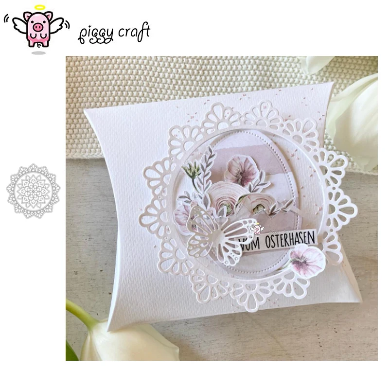 Piggy Craft metal cutting dies cut die mold Lace Flowers Circle Frame Scrapbook paper craft knife mould blade punch stencils die