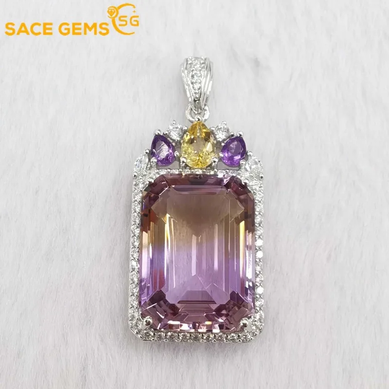 SACEGEMS Luxury 13*18mm Natual Ametrine Pendant 925 Sterling Silver Pendant Necklace for Women Everyday Party Fine Jewelry Gift