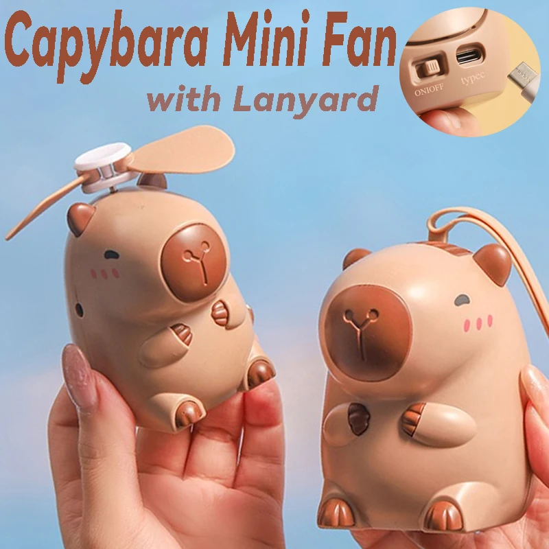 Type C Capybara Fan Mini Cartoon Bladed/Bladeless Neck Hanging Fans Portable Summer Silent Cooling Power Bank with Lanyard