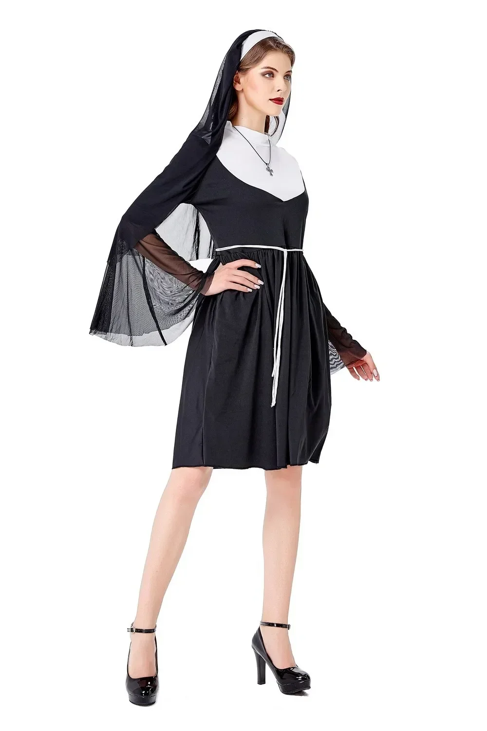 Disfraz de monja sexy para mujer, vestido de Halloween con capucha negra, talla adulta, talla única