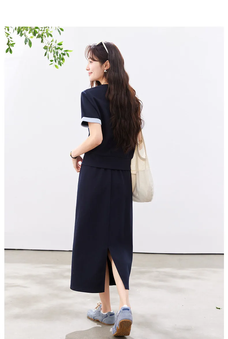 VIMLY Navy Casual Office Women's Suit 2026 Summer Contrast Folded Cuff Short Sleeve Tee Elastic Waist Straight Skirt Sets A6390