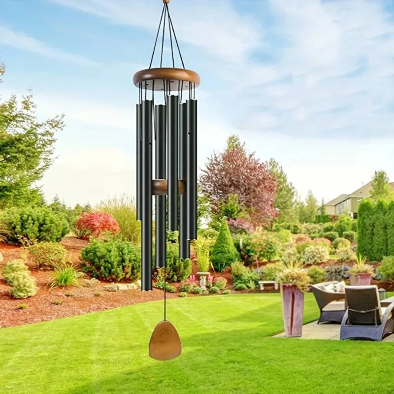 

1pcs classic black aluminum pipe wind chimes with wooden hanging tag balcony corridor decoration birthday gift