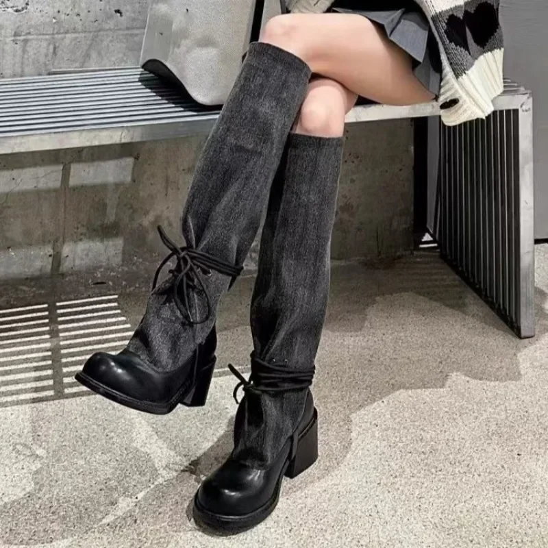 

Черные длинные сапоги, женские горячие продажи сезона, новые осенне-зимние женские сапоги в британском стиле в стиле ретро на толстой подошве