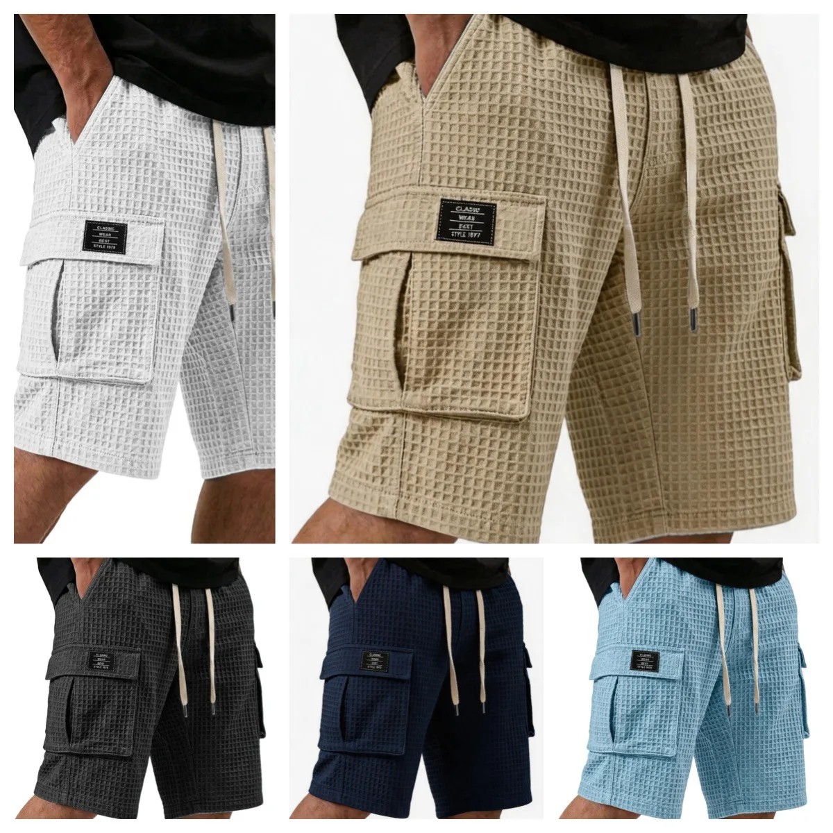 Men Waffle Knit Cargo Shorts Drawstring Elastic Waist Multi Pockets Casual Running Sports Sweat Shorts Streetwear